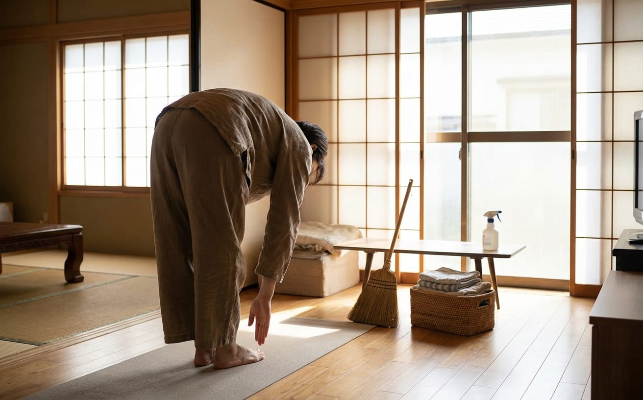 部屋の中で、家事をしながら体を曲げている人。見えない家事の重要性を感じさせる瞬間。