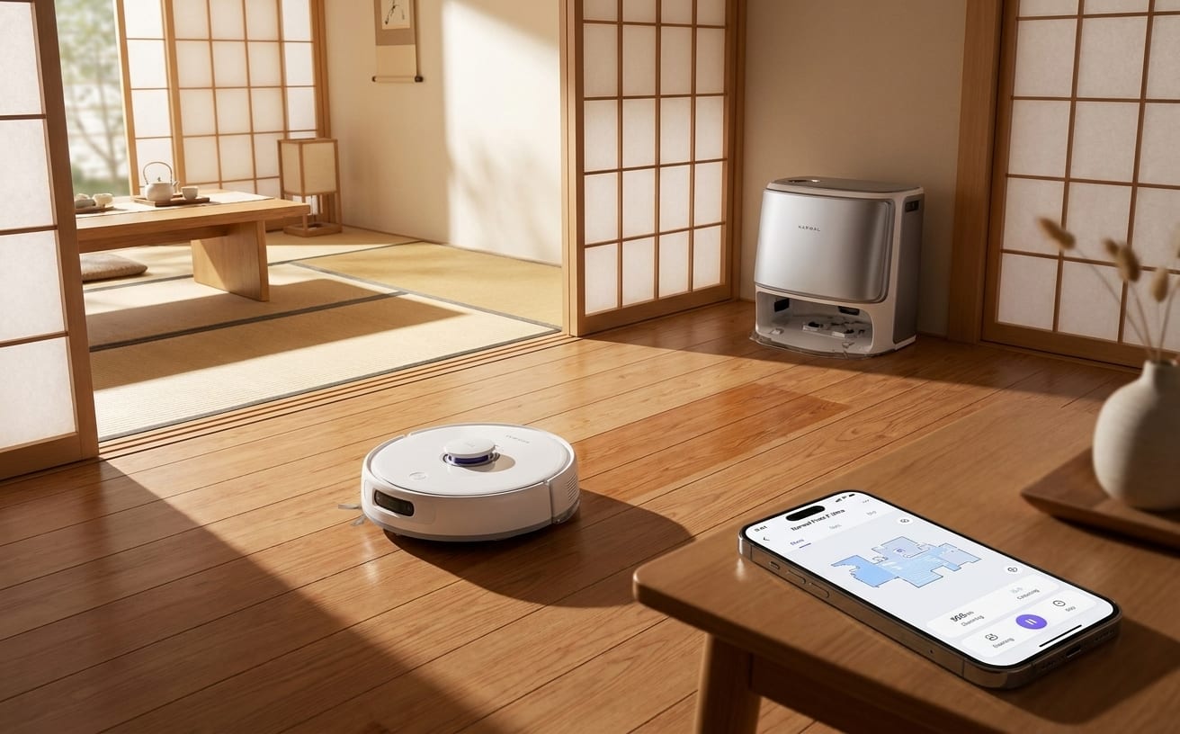 スマートホームを体験できる和室。ロボット掃除機とスマートフォンが連携して便利さを提供。