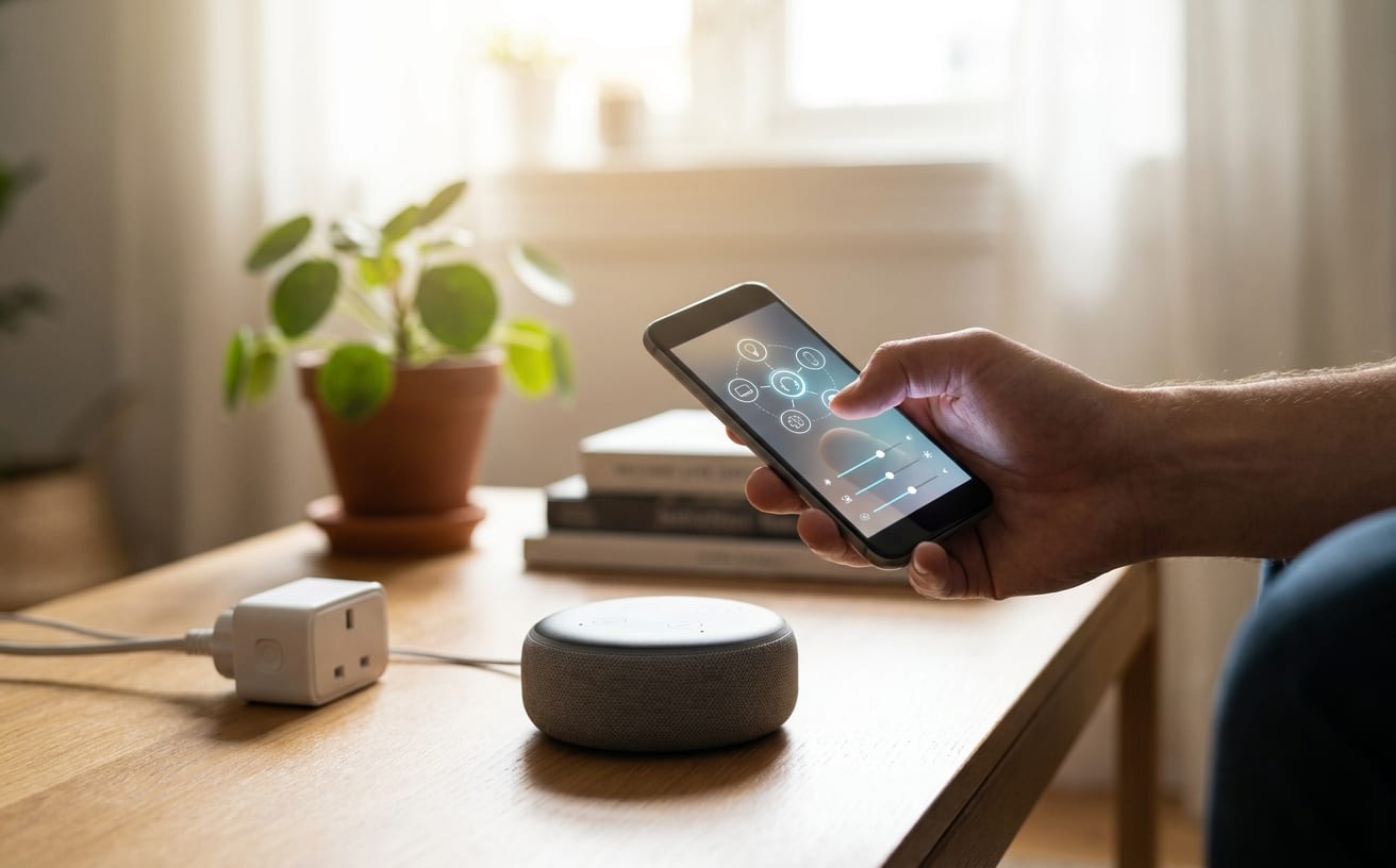 スマートホームのデバイスを操作する手がスマートフォンを持ち、傍には植木鉢とスピーカーがあります。