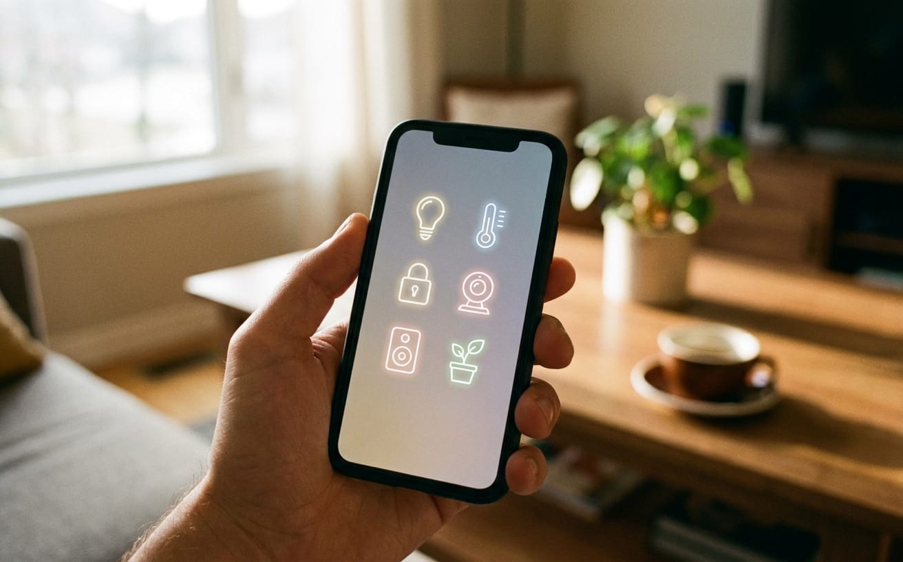 スマートホーム管理アプリの画面を表示する手に持ったスマートフォン、さまざまなアイコンが示されている。