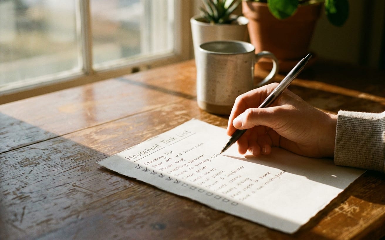 家事の効率化のため、手書きの作業リストを利用して、日々のタスクをチェックしている様子。