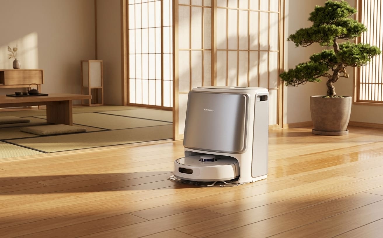 モダンな和室に置かれた掃除ロボットが、家事の効率化を実現する姿を描いた画像です。