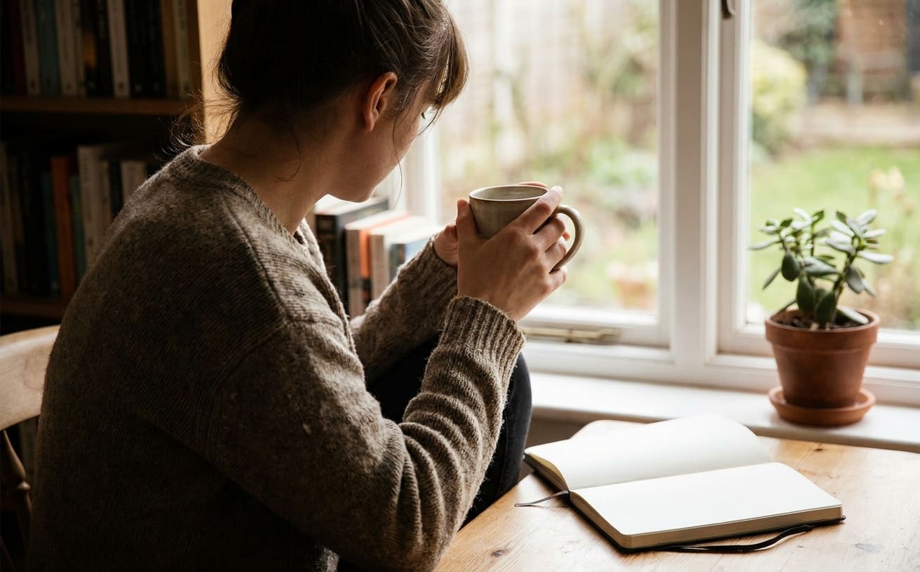 窓辺に座る女性がコーヒーを飲みながら、家事ができないことを考えている様子。ノートが横に置いてある。