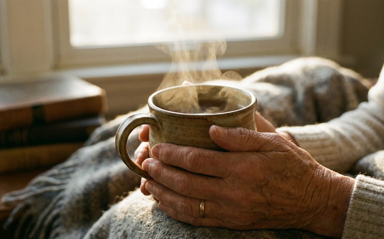 温かい飲み物を手に持ち、家事ができない日々の疲れを癒す安らぎの瞬間。