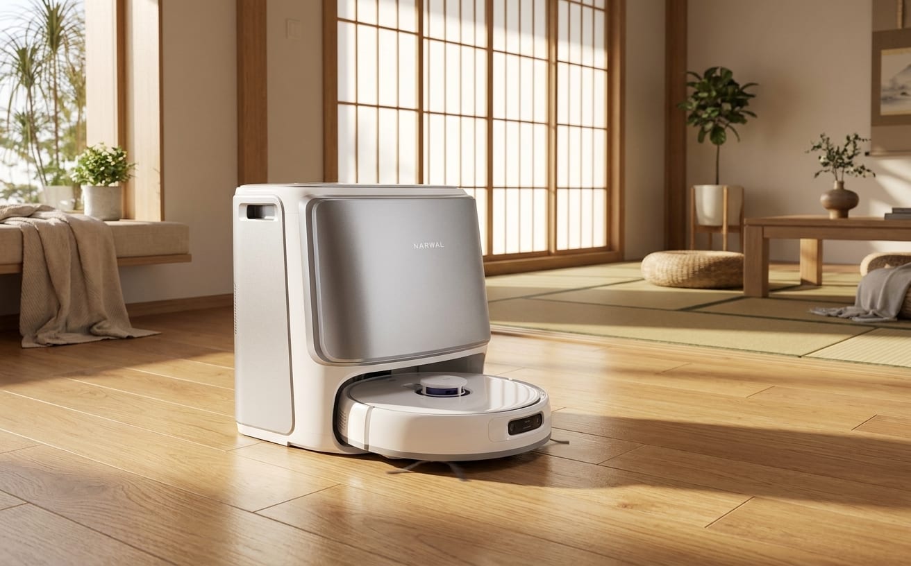 現代的な家事スキルを活用した掃除ロボットが、和室で静かに待機しています。