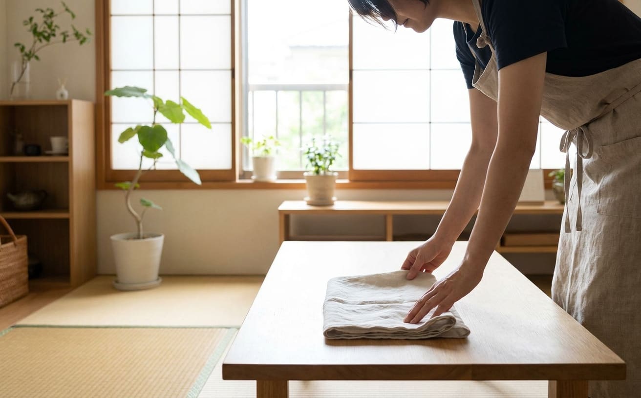 テーブルの上で布を整える女性。家事スキルが活かされる清潔感のある部屋の風景。
