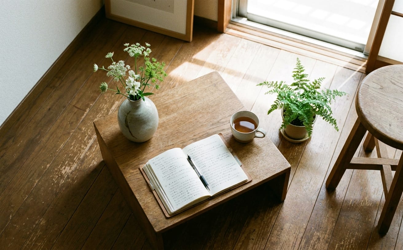 木製のテーブルの上に日記やペン、花瓶、植物、そしてお茶が置かれ、穏やかな雰囲気を醸し出しています。家事スキルが活かされる空間です。