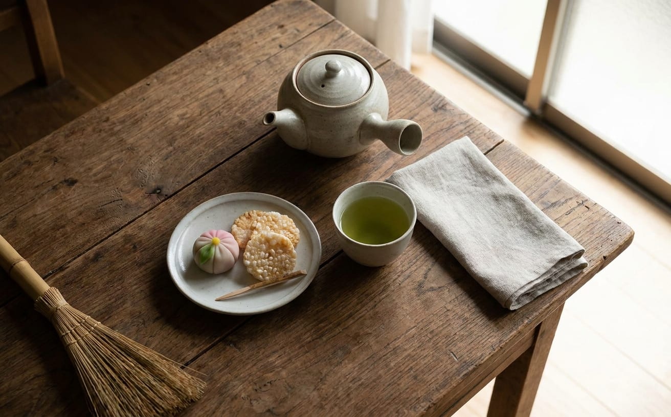 木のテーブルの上に、日本茶、和菓子、食器、茶器、タオル、掃除用具があり、家事のひとときを楽しむ様子。