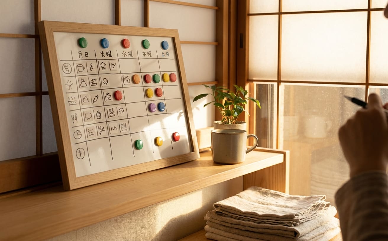 家事の計画を示すホワイトボードが、温かみのある部屋の一角に置かれています。