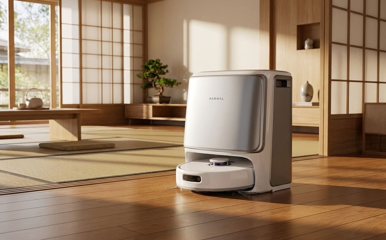 掃除ロボットが和室に置かれ、家事を効率的にこなす様子が映し出されています。