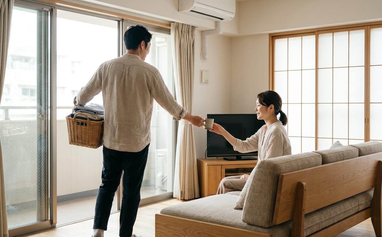 共働きの妻は、疲れている中で夫から温かい飲み物を受け取り、ほっとした表情を見せています。