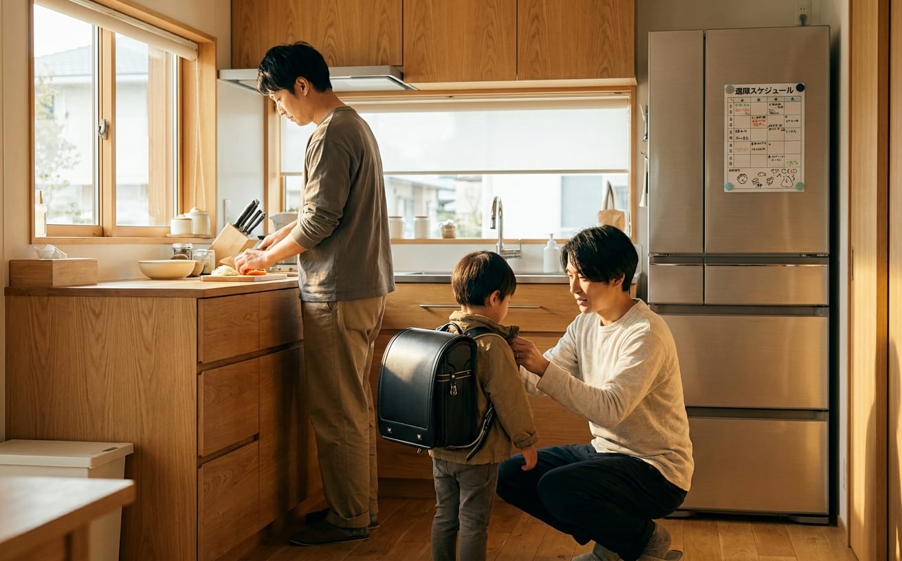 共働きの家庭で、家事分担をしながら子どもを支度している父親たちの温かな日常。