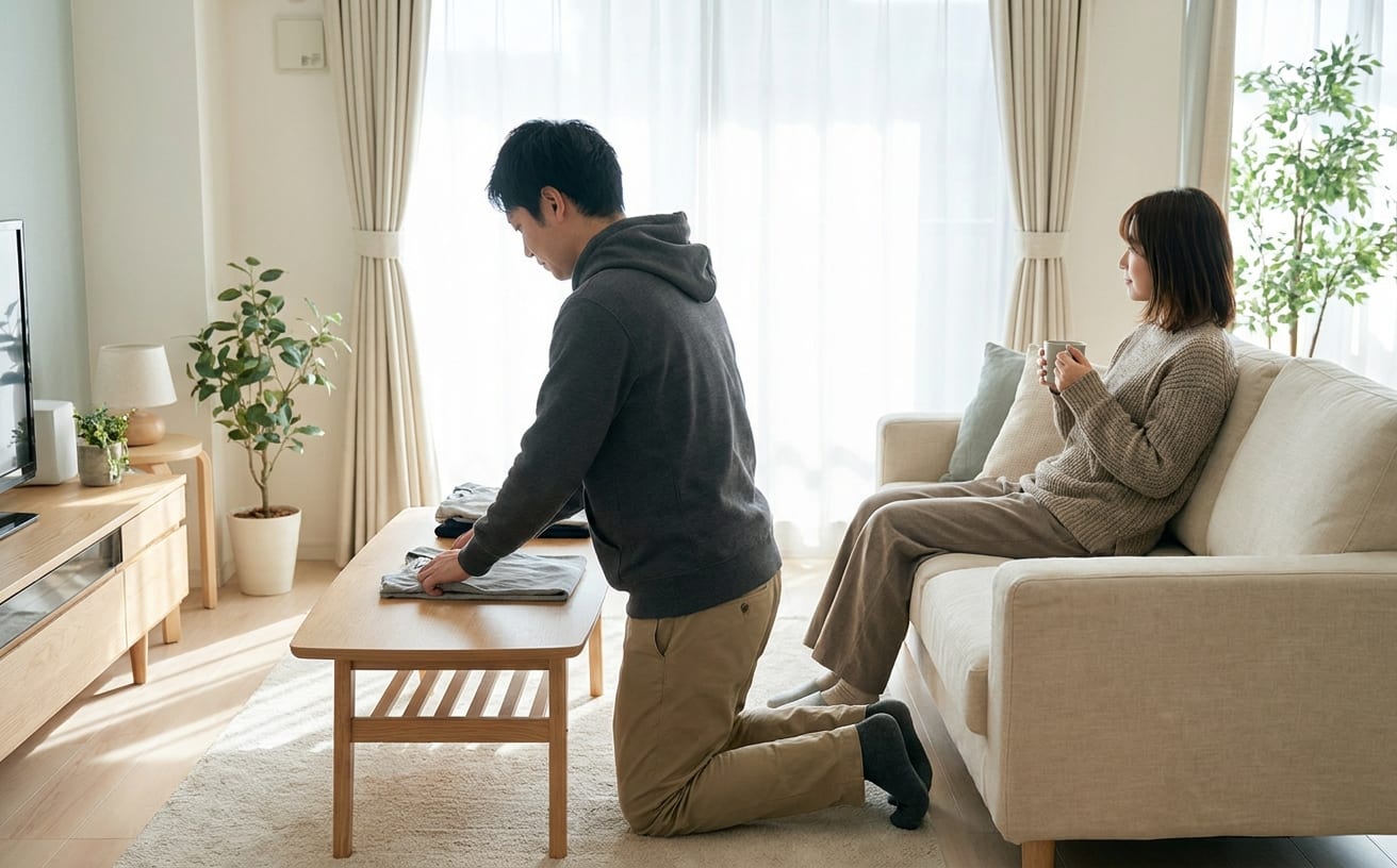共働きのカップルが家事分担をしているシーン。男性が服を畳み、女性はソファでリラックス中。