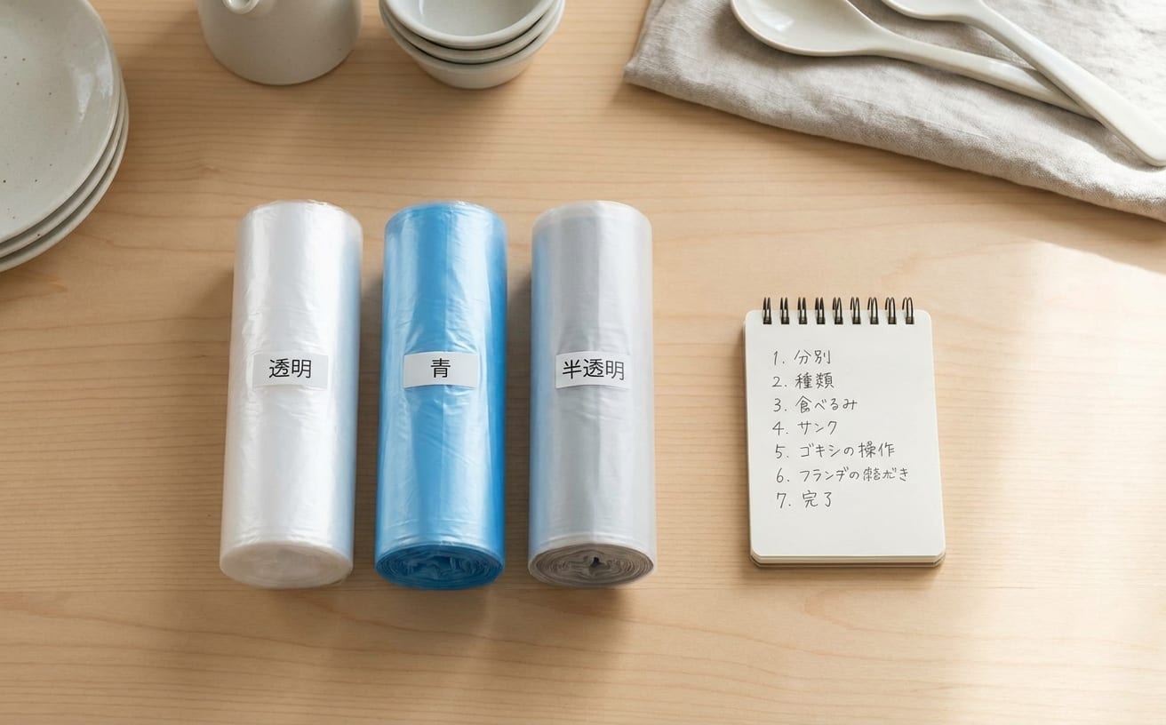 透明な袋、青い袋、半透明な袋が並んでいる。共働き家庭の家事分担のための備品とメモ。
