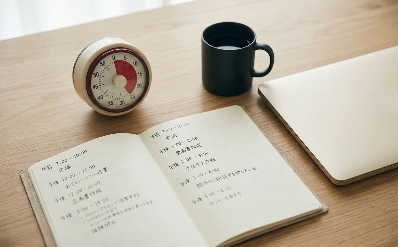 テレワーク中、集中できない時に役立つスケジュール帳とタイマー、ブレイク用の飲み物が映っている。