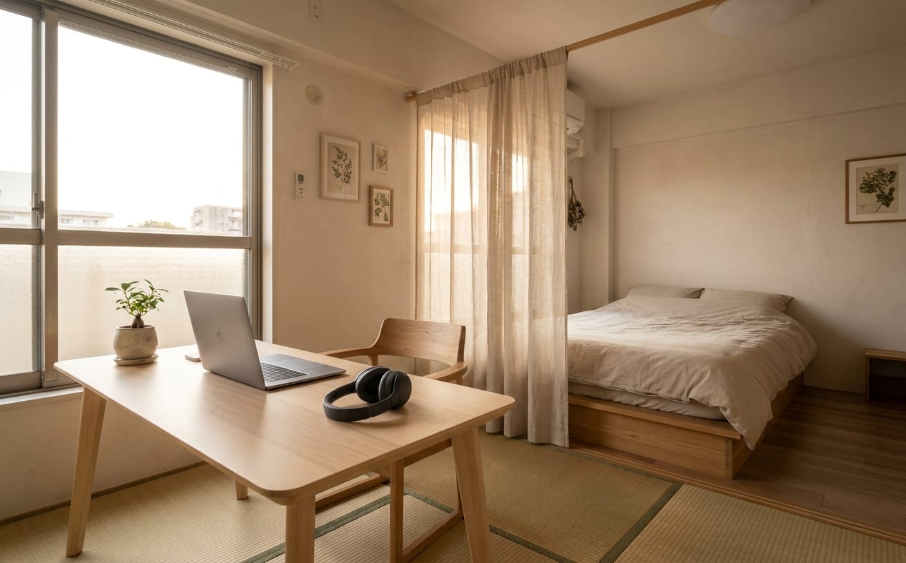 テレワークしているが、集中できない環境の部屋。テーブルの上にはノートパソコンとヘッドフォン。