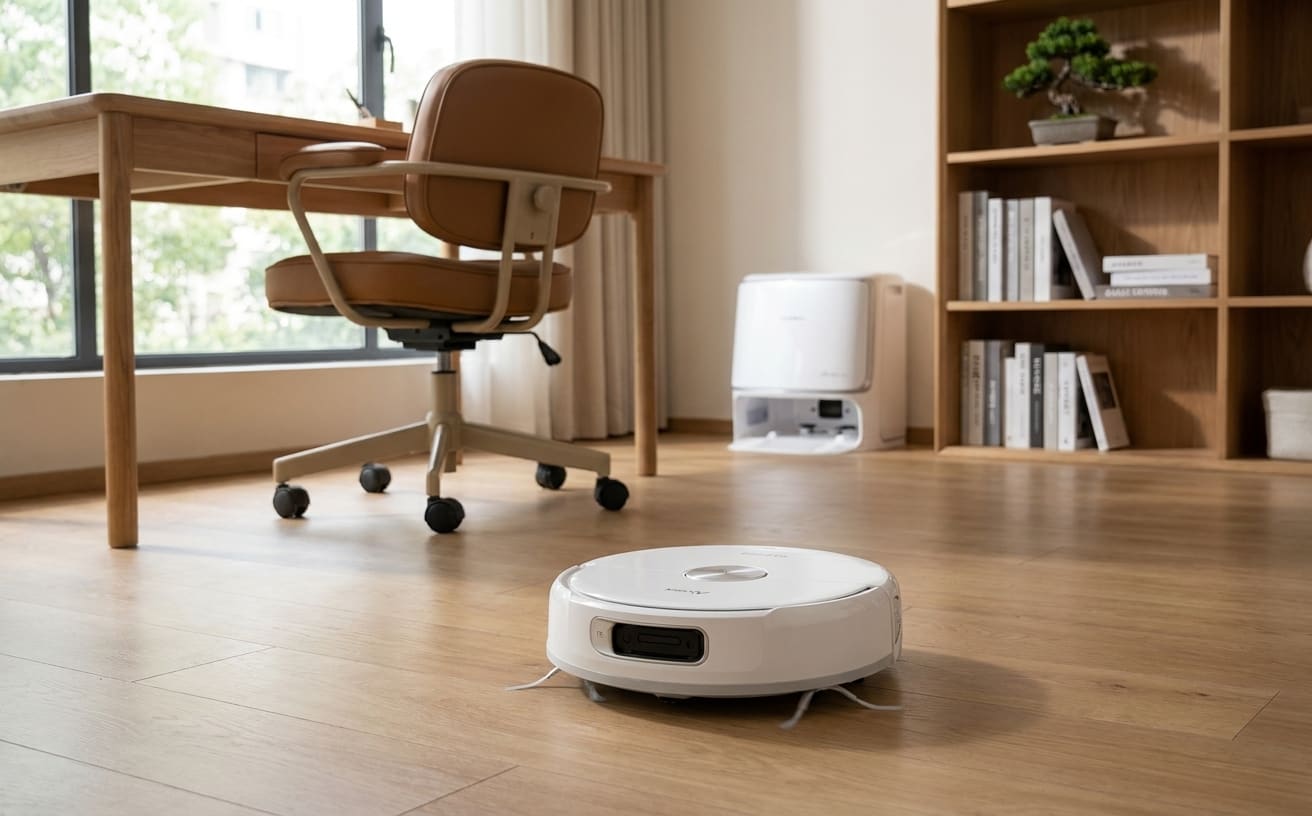 テレワーク中に集中できない時、ロボット掃除機が部屋をきれいにしてくれる風景。快適な作業環境作り。