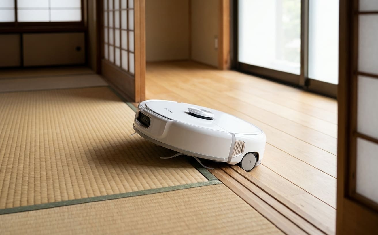 ロボット掃除機が段差スロープを越えようとしています。和室の畳とフローリングの境目にいます。