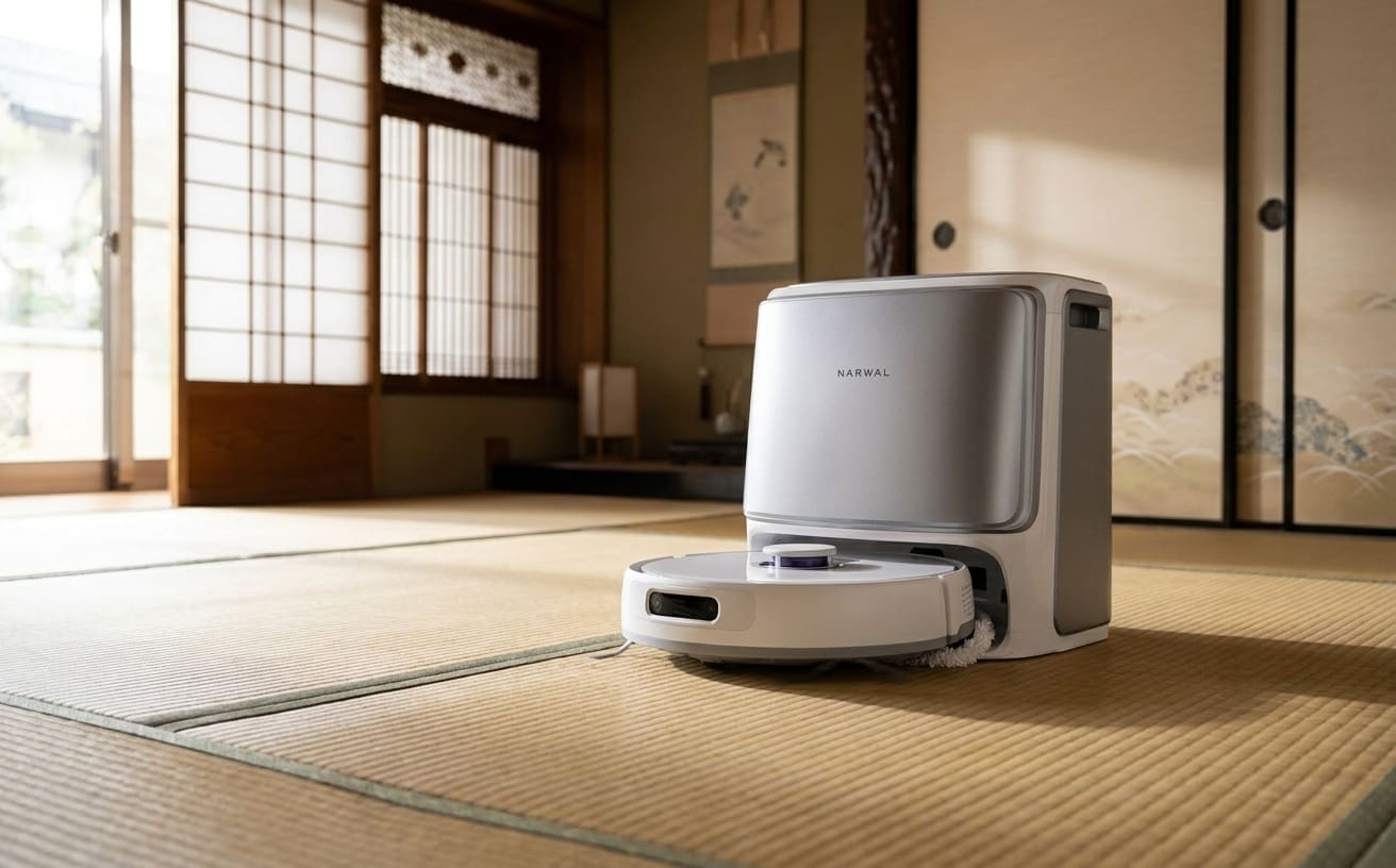和室の掃除をするロボット掃除機が、畳の上に静かに置かれている風景。清潔感が感じられます。