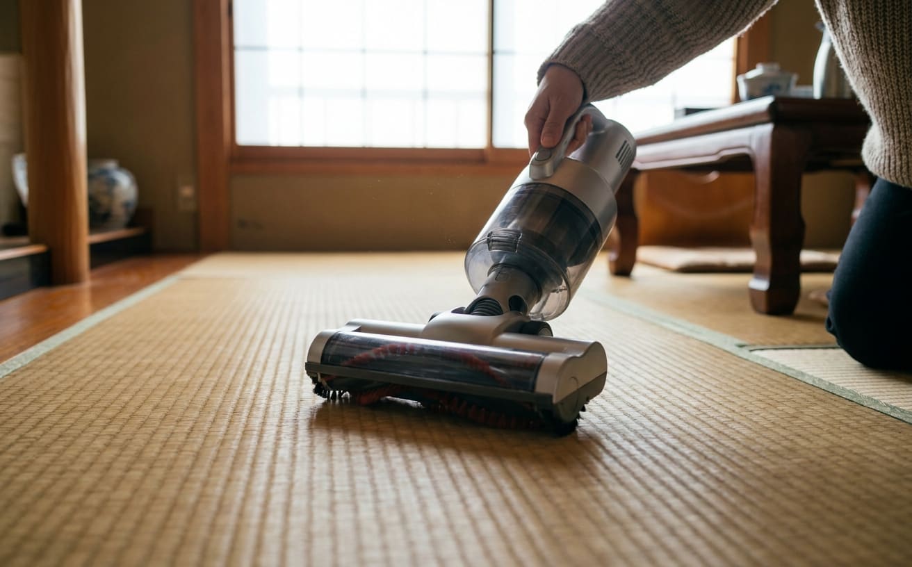 和室の掃除をしている様子。掃除機を使って畳をきれいにするために、手をしっかりと動かしています。