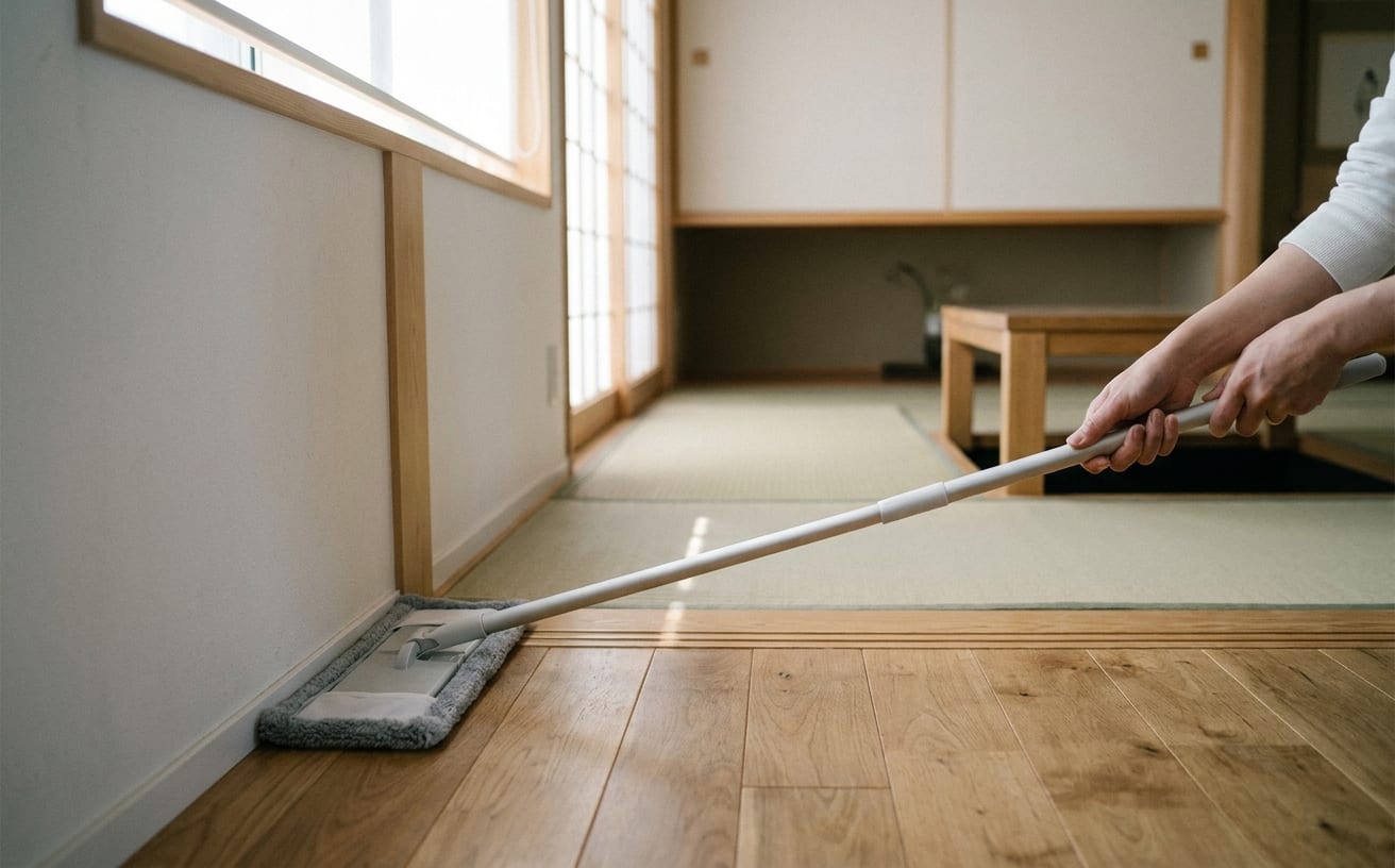 部屋のホコリをなくす方法として、掃除道具を使って丁寧に拭き掃除をする様子。