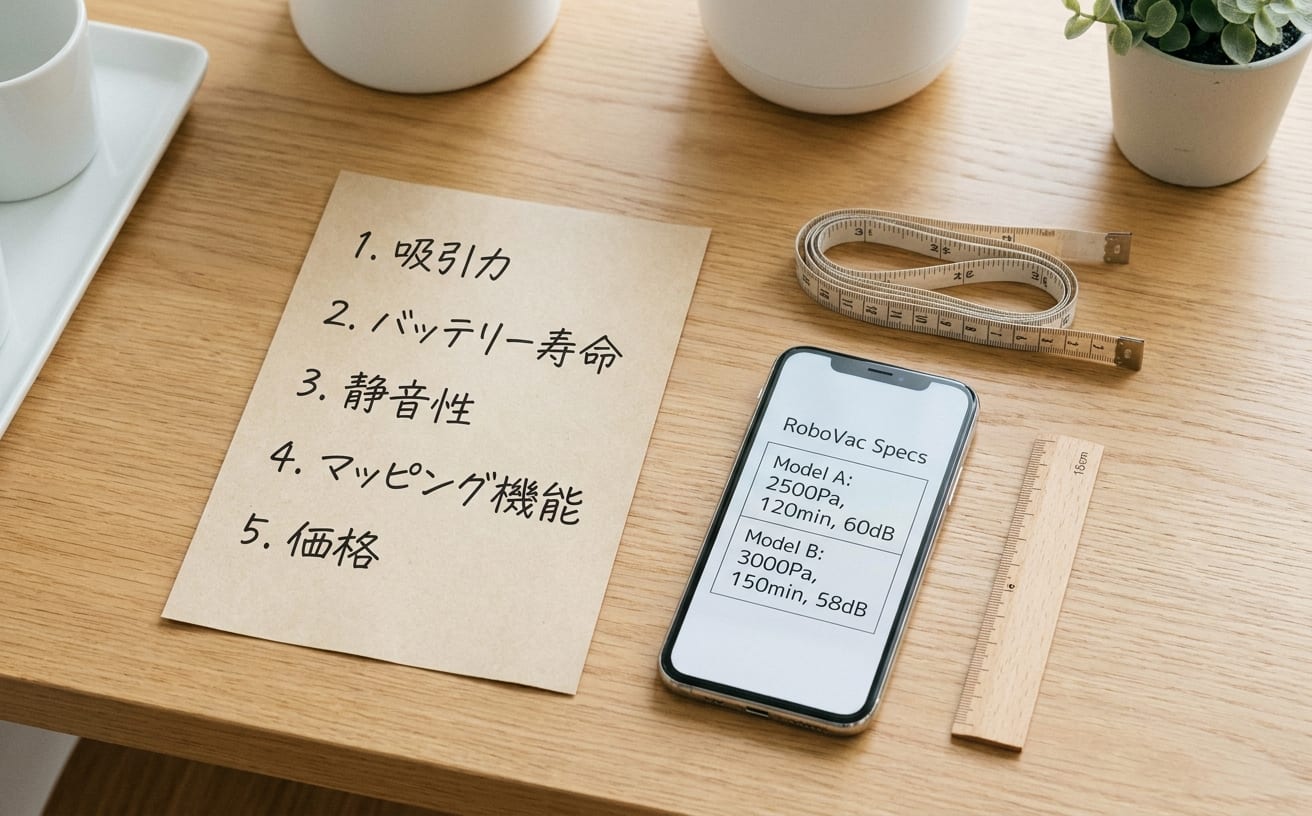 共働きの家庭にぴったりなロボット掃除機の性能リストが書かれた紙とスマートフォンの画像。