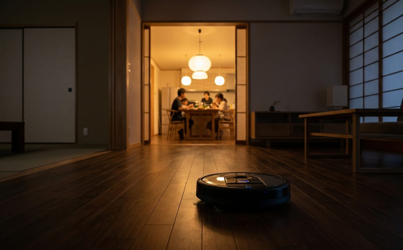 共働きの家庭でロボット掃除機が静かに動いている様子。明るいダイニングで家族が食事中。