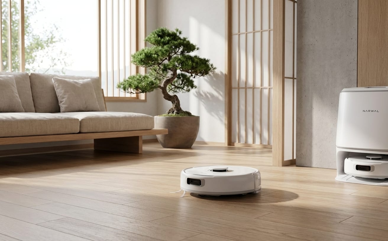 共働きの家庭に最適なロボット掃除機が、美しいリビングで活躍しています。快適な暮らしをサポートします。