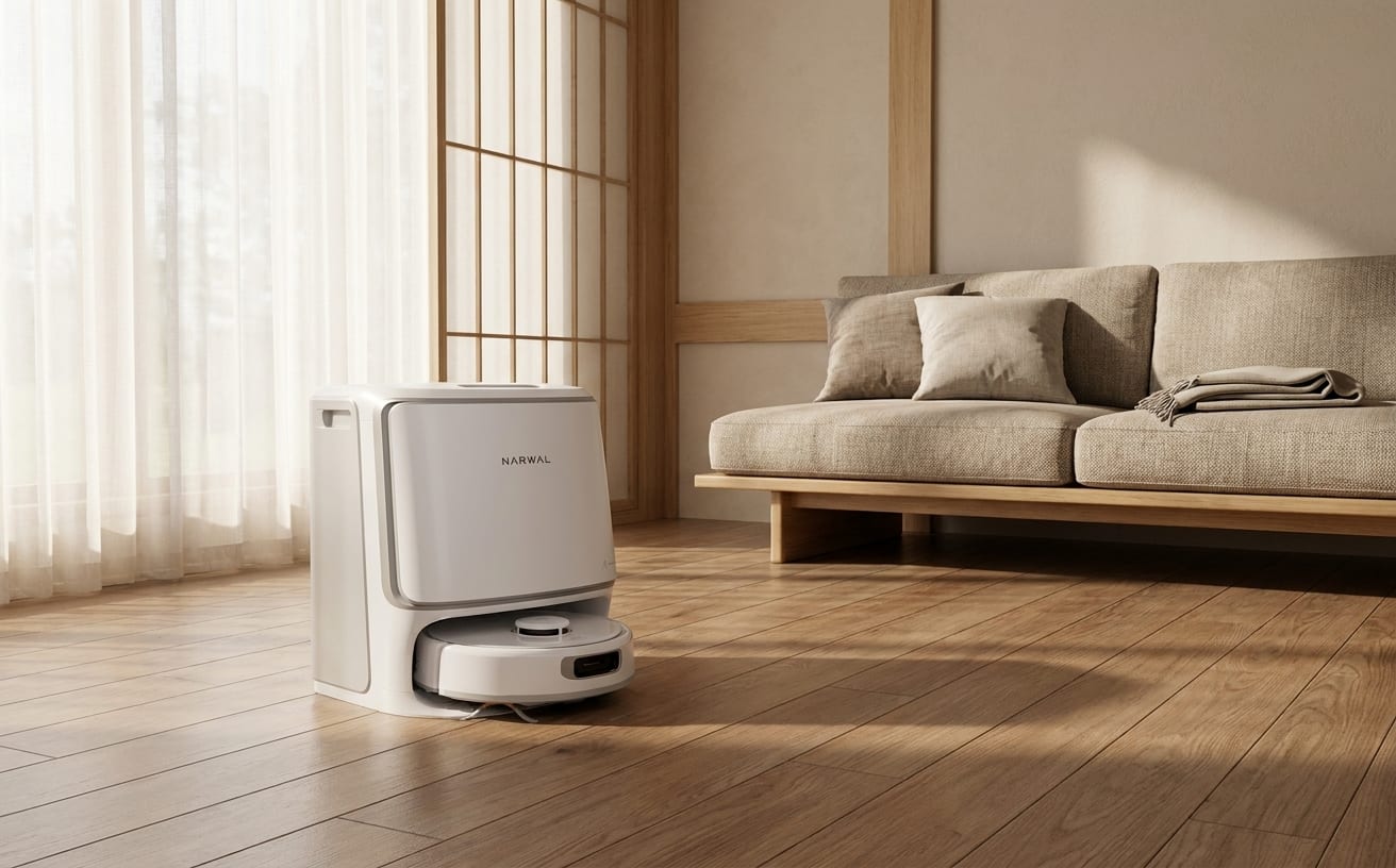 主婦にとって、欲しい家電ランキングの人気商品である自動掃除機がリビングに置かれています。