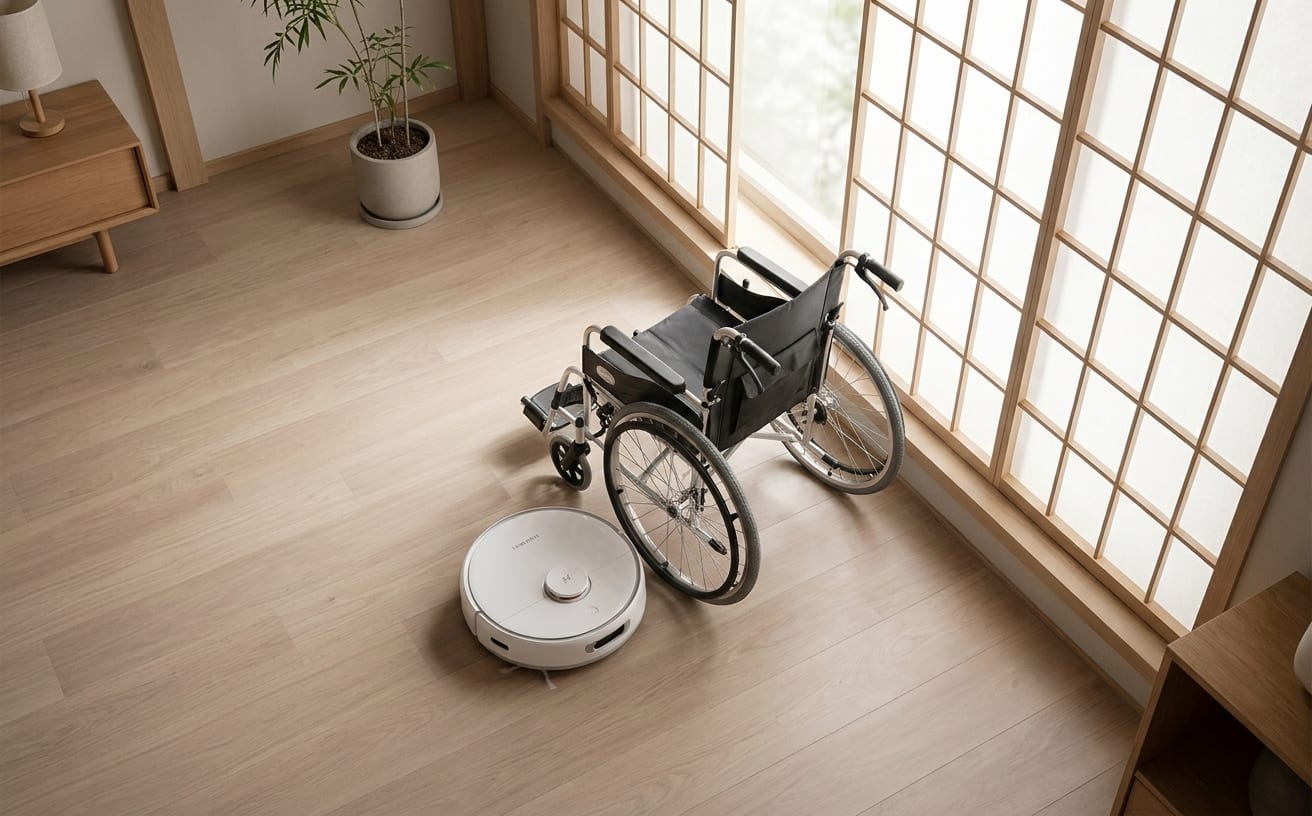 障がい者向けのスマートホームをイメージした部屋に、車椅子とロボット掃除機が置かれています。