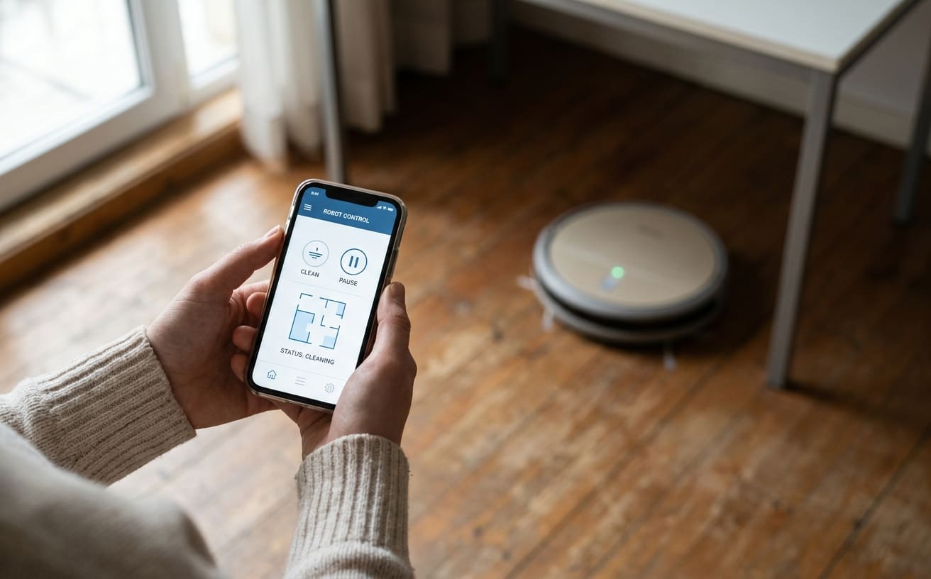 スマートフォンでロボット掃除機を操作している様子。障がい者向けのスマートホームの便利さを示す。