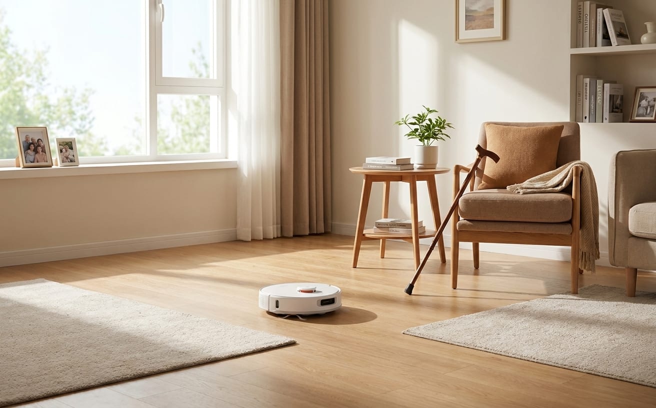 高齢者の一人暮らしのための快適な居間、掃除ロボットが稼働中、シンプルで落ち着いた雰囲気。