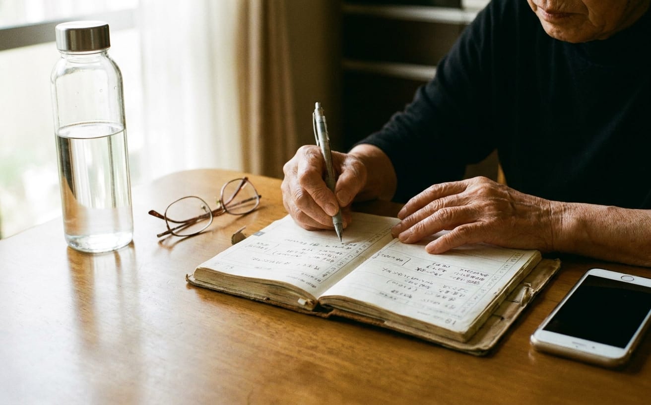 高齢者の一人暮らしの様子。手帳に思い出や日記を書き留めながら、静かな時間を過ごす。