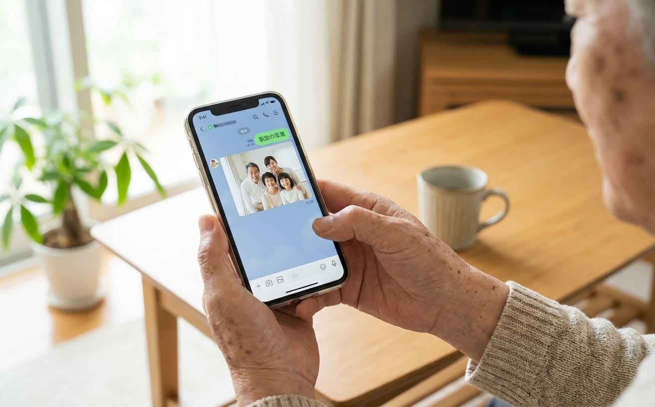 スマートフォンを使い、家族の写真を見つめる高齢者の手。高齢者の一人暮らしを象徴する瞬間。