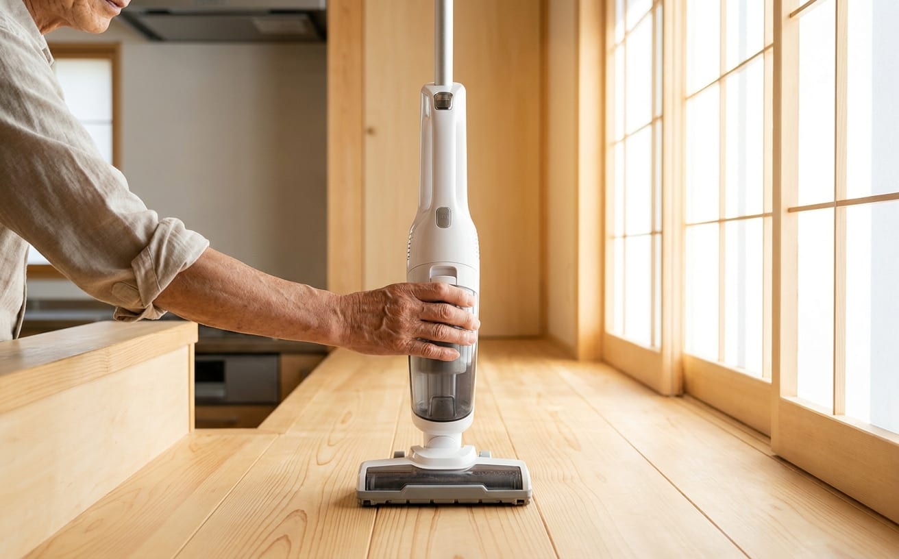 高齢者におすすめの掃除機を使っている手元、便利さを実感できるシンプルなデザインが特徴。