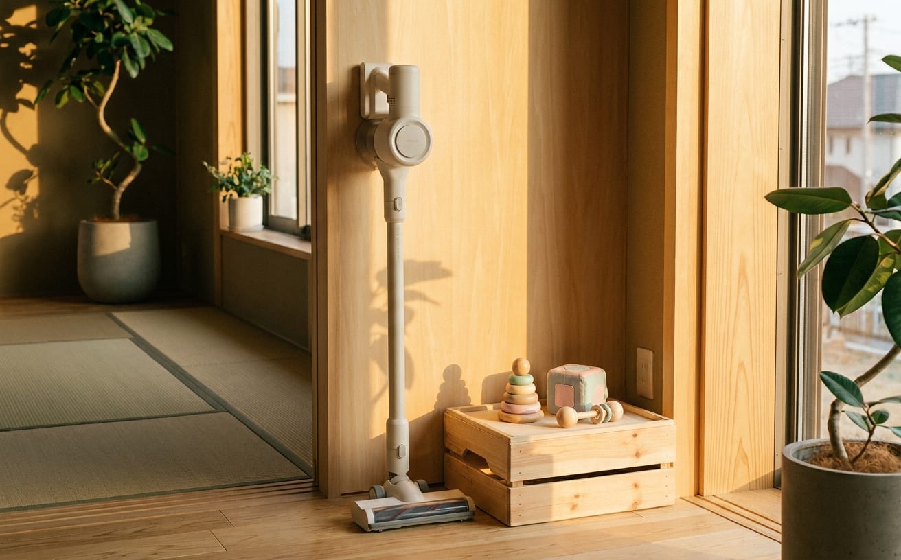 赤ちゃんがいる家庭向け掃除機が、明るい日差しの中で置かれている温かい空間の画像です。