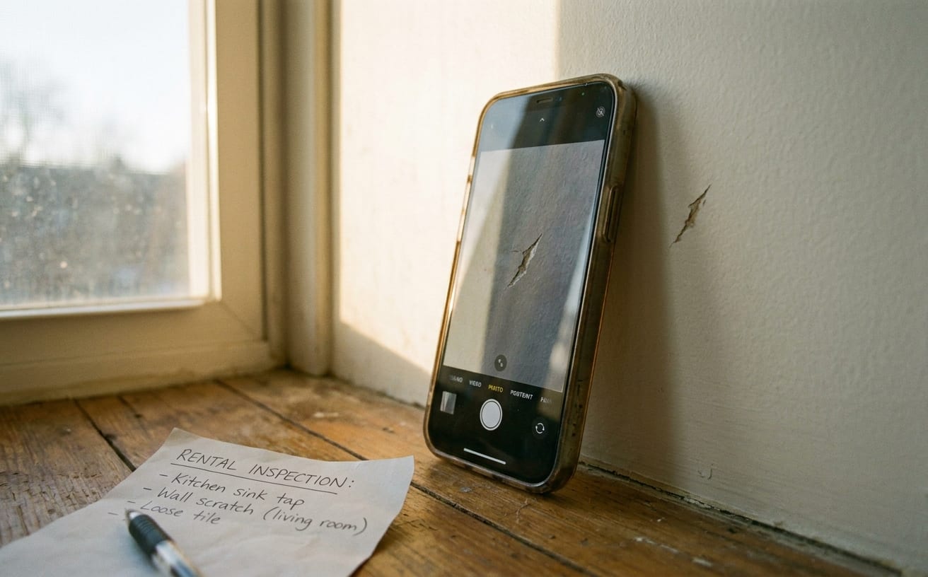 賃貸の入居前に壁の傷を記録するスマートフォンとメモ用紙の写真。検査内容が書かれています。