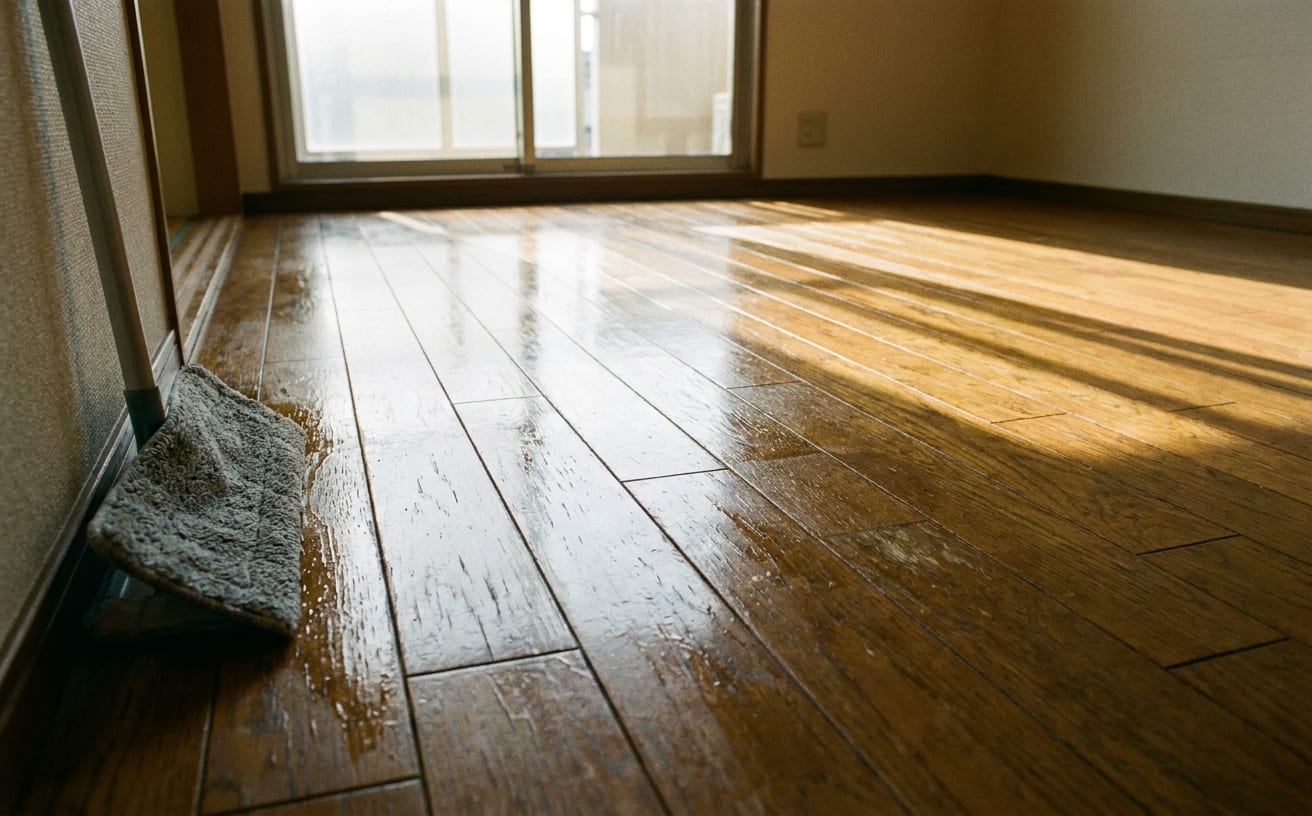 新居の掃除をしながら、光が差し込むフローリングの美しい景色を楽しむ瞬間です。