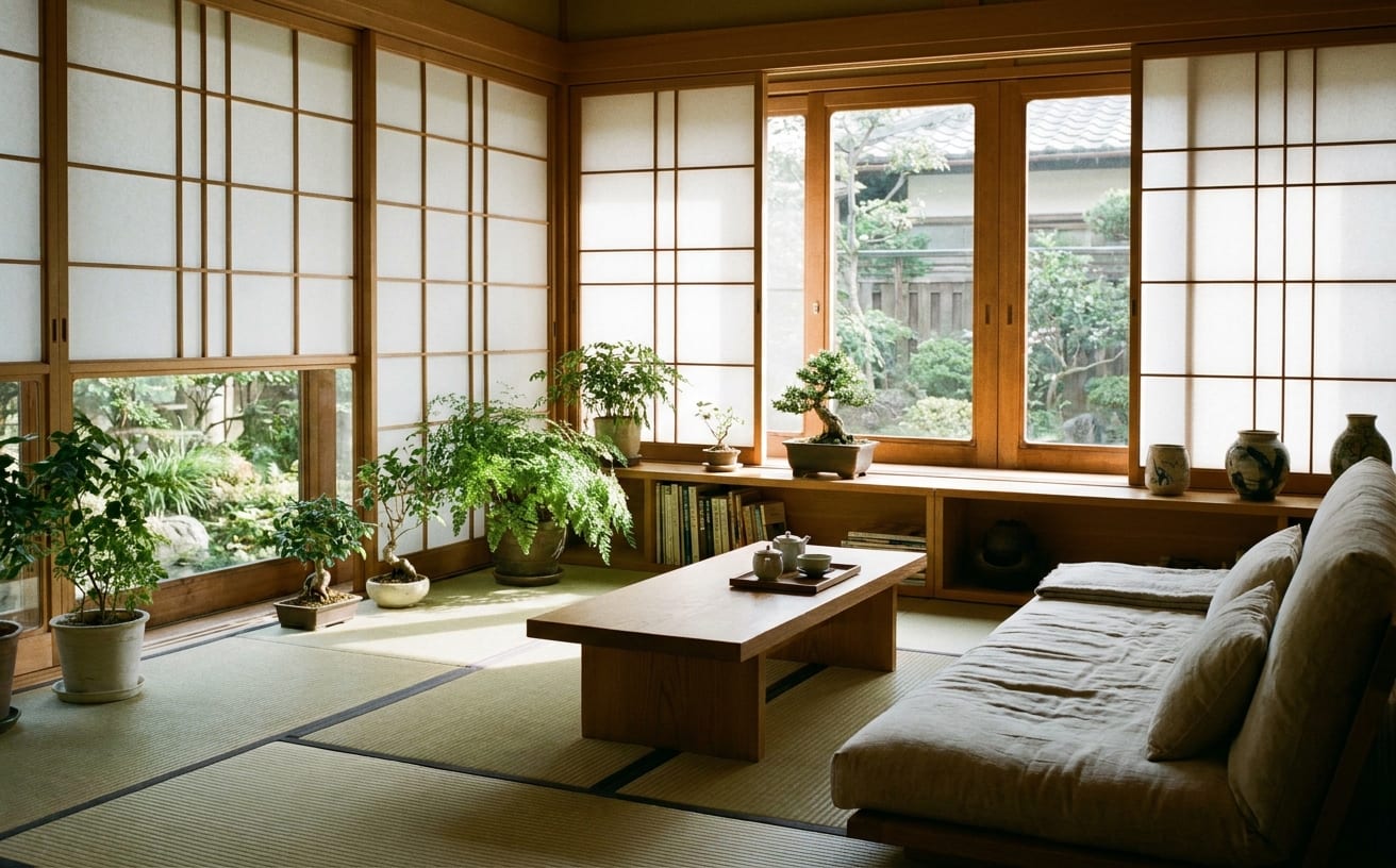新しい環境で心が落ち着く和室の風景。植物と自然光が安らぎを与え、ストレスを軽減します。