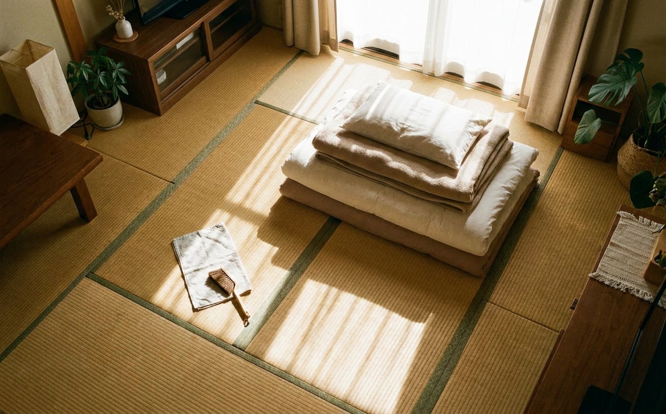 和室の明るい空間に、積まれた布団と掃除用具が整然と置かれています。スプリングクリーニングの準備。