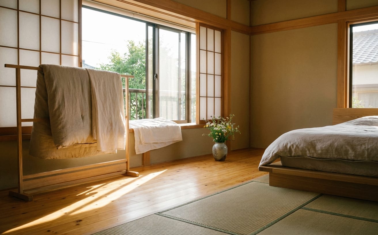 清掃が行き届いた和風の部屋、夏の大掃除後の清々しい空気が感じられる。