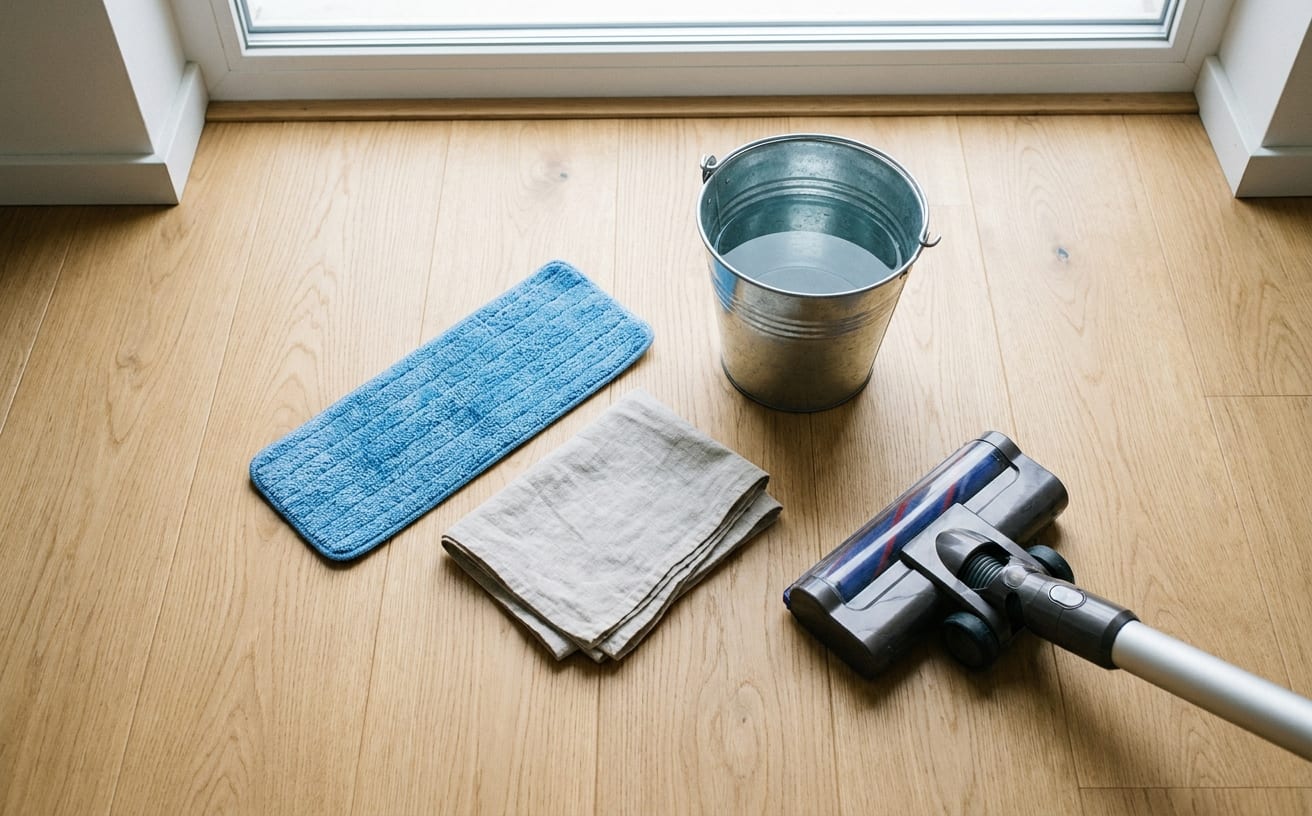 掃除用具が整然と並んでいて、拭き掃除に必要な道具が揃っています。青いモップとバケツが見えます。