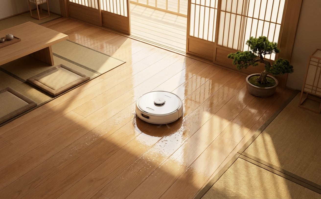 床で拭き掃除をしているロボット掃除機が映る、明るい和室の景色。