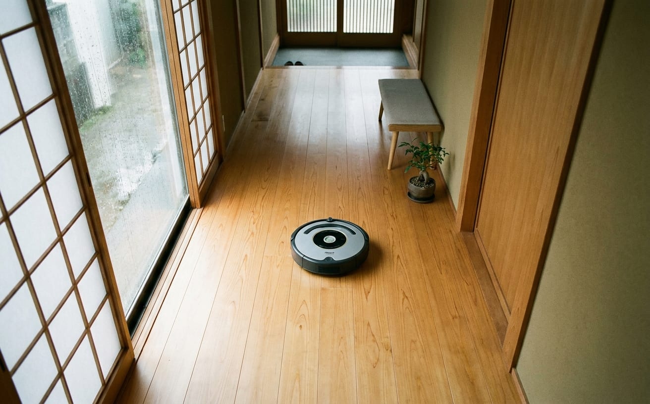 雨の日に静かな室内、掃除機が自動で床を掃除している様子が映されています。心地よい空間です。