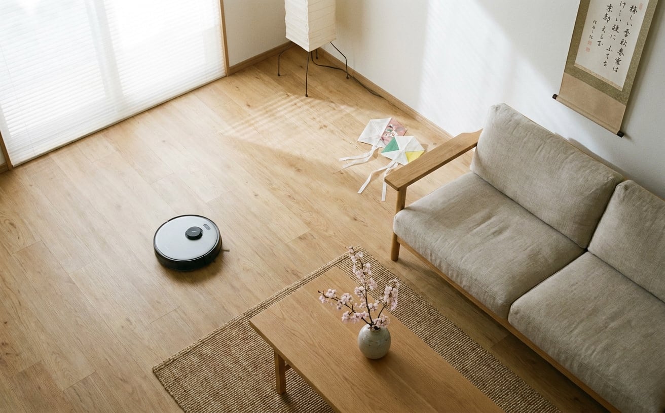 明るいリビングにロボット掃除機があり、季節の変わり目を感じさせる花が飾られています。