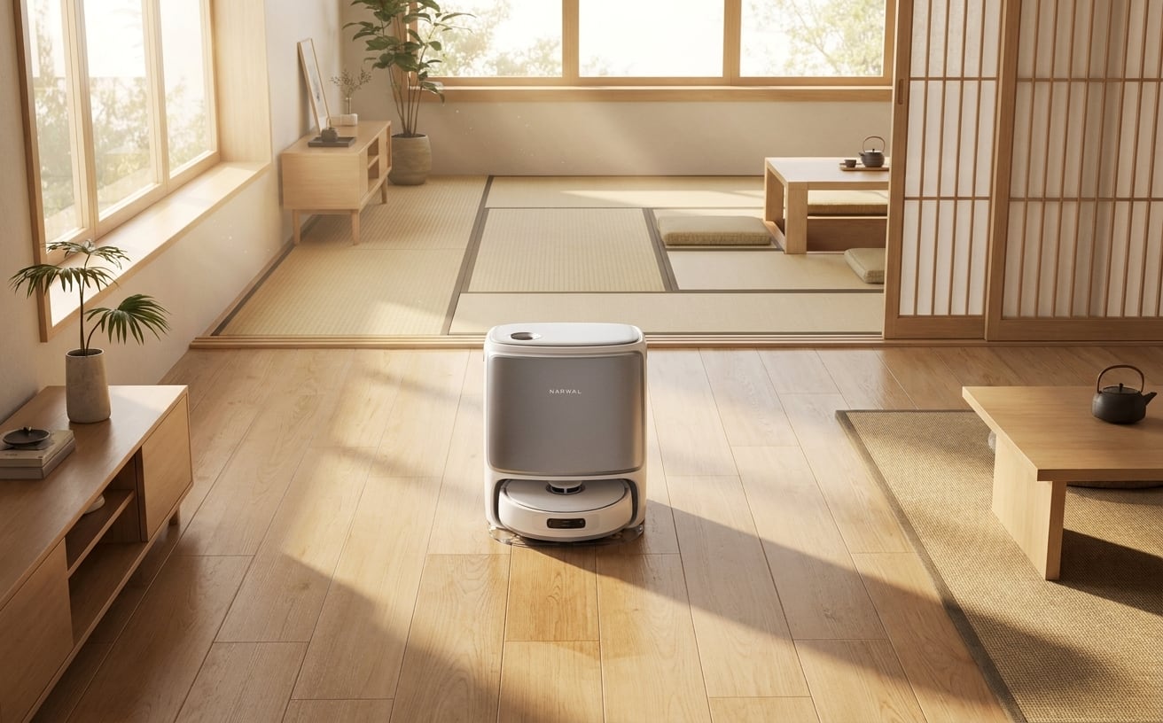 木の温もりが感じられる部屋に、季節の変わり目を迎える準備をしている掃除機が置かれています。