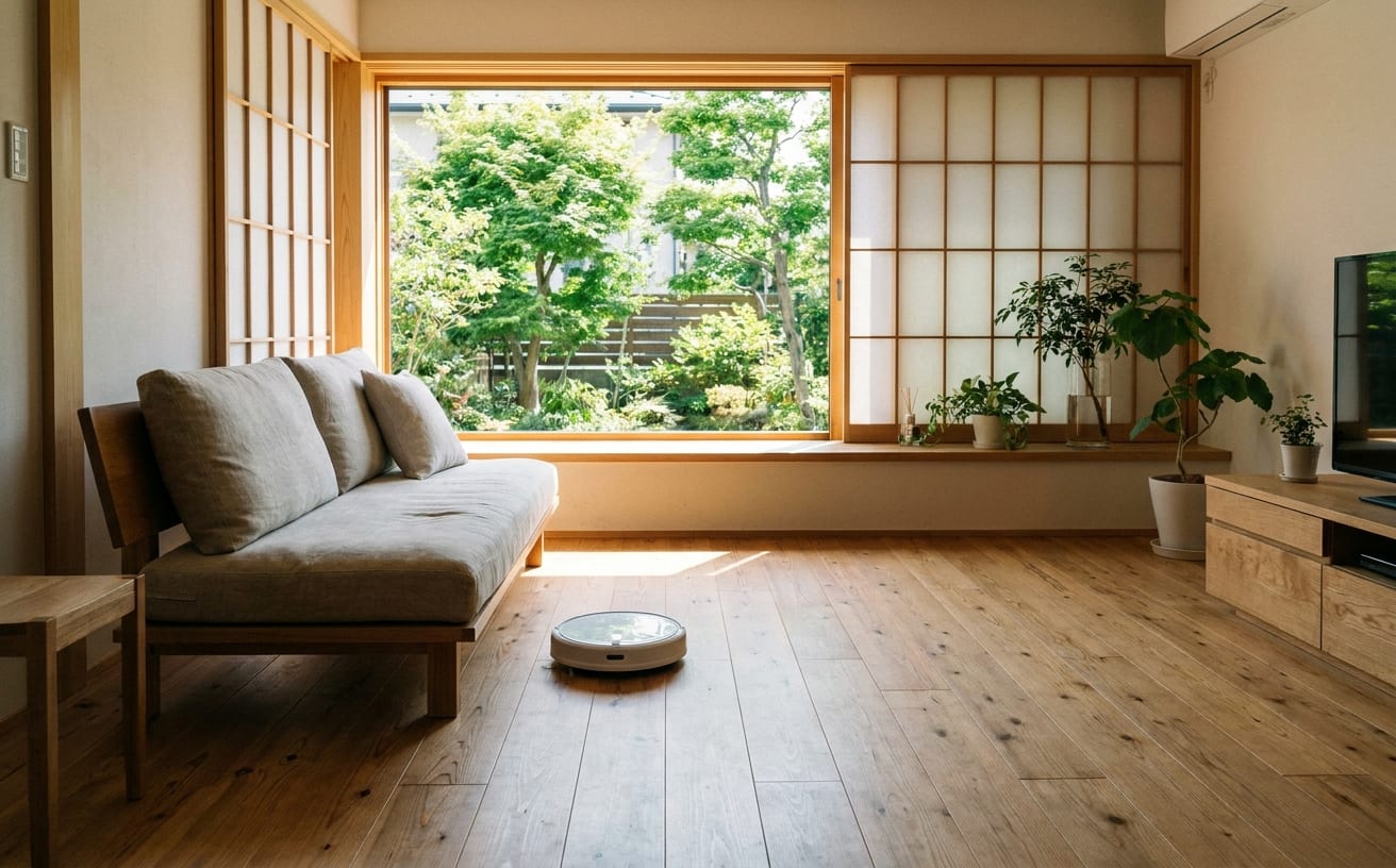 明るいリビングルームから見える庭の緑は、季節の変化を感じさせる美しい景色です。