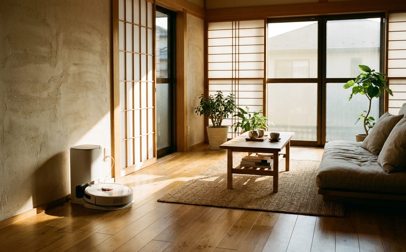 明るいリビングルームに、植物やソファ、テーブルがあり、新生活にぴったりの落ち着いた空間です。