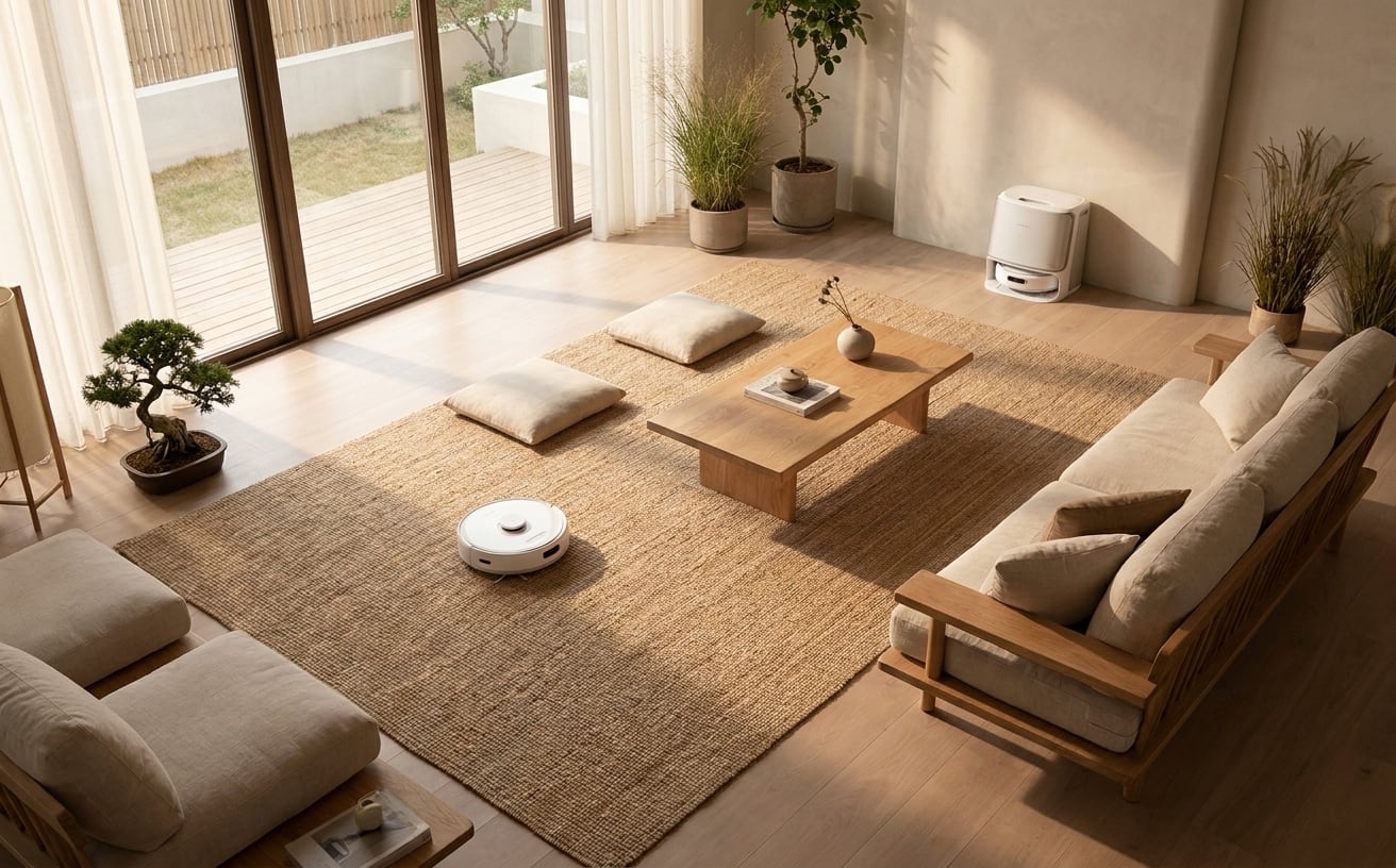 明るいリビングルームには、木製の家具や観葉植物があり、新生活にぴったりの心地よい空間です。