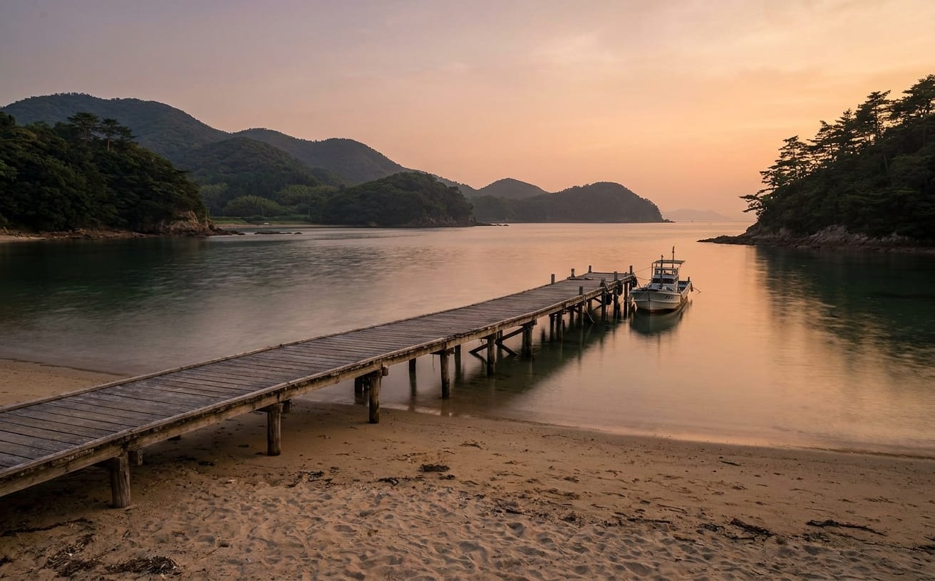 静かな海辺に浮かぶ小舟と桟橋があり、背後には美しい山々が見える海の日の風景。